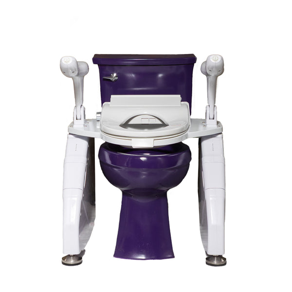 Lifting toilet seat by Dignity Lifts on purple toilet arms down lift down