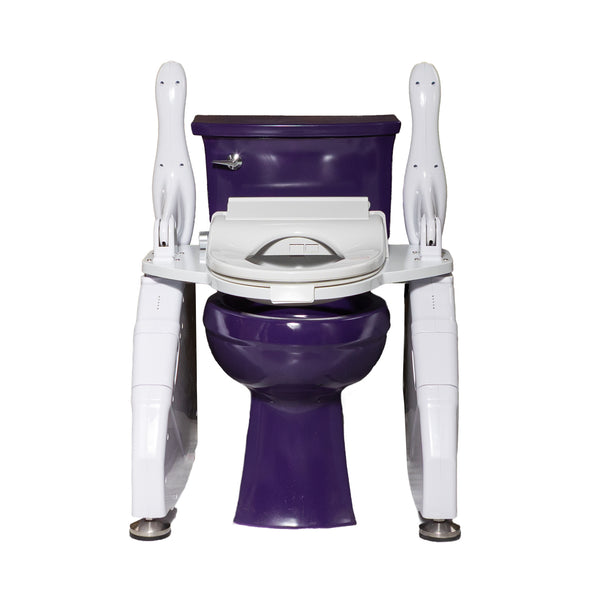 Lifting toilet seat by Dignity Lifts on purple toilet arms up