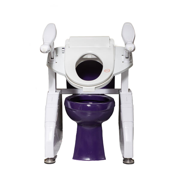 Lifting toilet seat by Dignity Lifts on purple toilet lifted up
