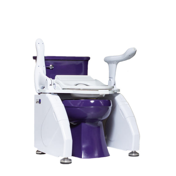 Lifting toilet seat by Dignity Lifts on purple toilet quarter front view down